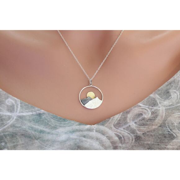 Large Sterling Silver Mountain Sunset Pendant with Bronze Sun - Picture 3 of 4